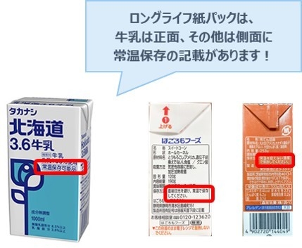 ロングライフ紙パックは、牛乳は正面、その他は側面に常温保存の記載があります