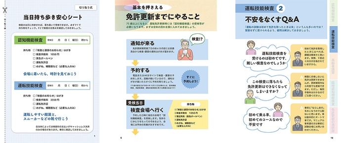 左から、当日持ち歩き安心シート（表面）、基本を押さえる 免許更新までにやること（抜粋）、 運転技能検査 ②不安をなくすQ＆A（抜粋）