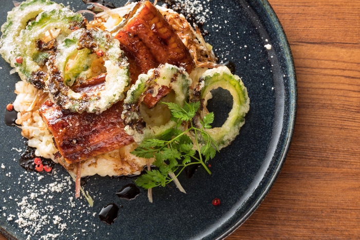 鰻のムニエルとバルミジャーノリゾット 和風仕立ての赤ワインソース