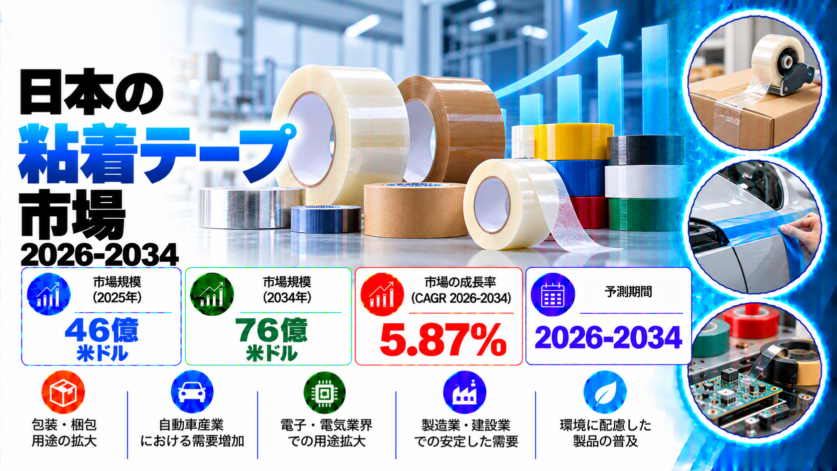 日本の粘着テープ市場の洞察 2034 | 5.87%のCAGRで米ドル7.6ビリオンに達すると予測