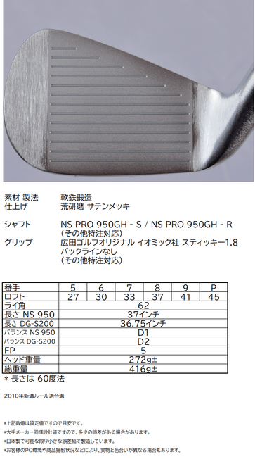 広田ゴルフ 生鉄 ワンレングス フォージドアイアン 製品スペック