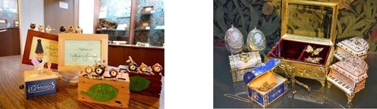 【左】木製からくりオルゴール 【右】宝石箱オルゴール