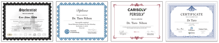 「スウェデンティスト認定証」「イエテボリ大学 日本スクーリングディプロマ」「カリエスプロ・ペリオプロ・ソルブプロ認定証」「キャップシステム修了証」