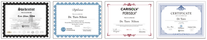 「スウェデンティスト認定証」「イエテボリ大学 日本スクーリングディプロマ」「カリエスプロ・ペリオプロ・ソルブプロ認定証」「キャップシステム修了証」