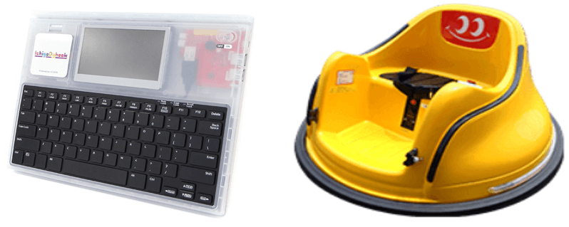 子ども向けパソコン「IchigoJam」を実装した端末(左)、子ども自動運転車教材「mottoy」(右)