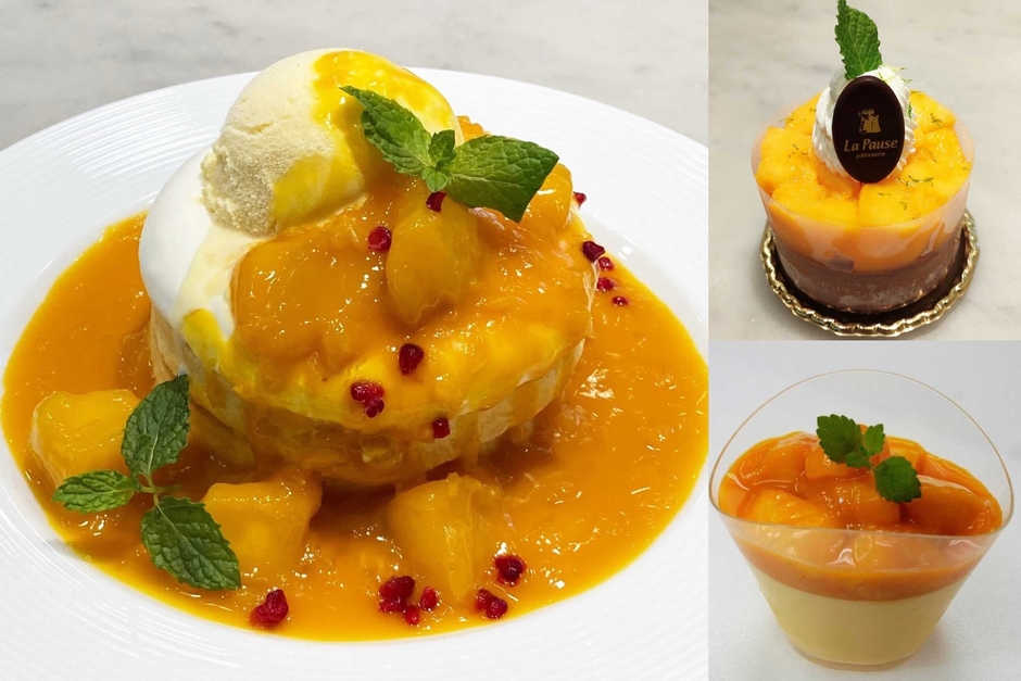 近大マンゴーパンケーキ(左)、近大マンゴーショコラ(右上)、近大マンゴープリン(右下)