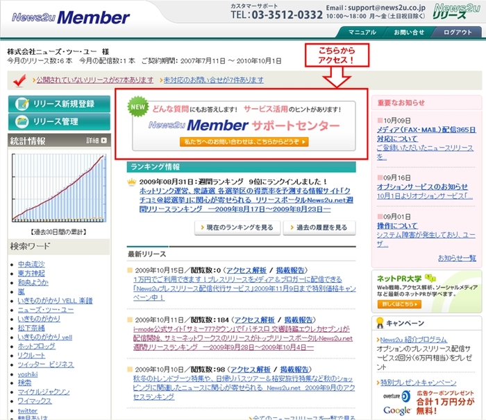 サポートセンターへはNews2u  Memberトップから