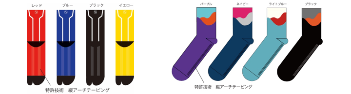 AMENOKAK 足袋型 鹿の角を抽象したスピード感のある線を配置したランナー仕様(左)、AMENOKAK 先丸型 山をイメージしたグラデーションのデザイン(右)