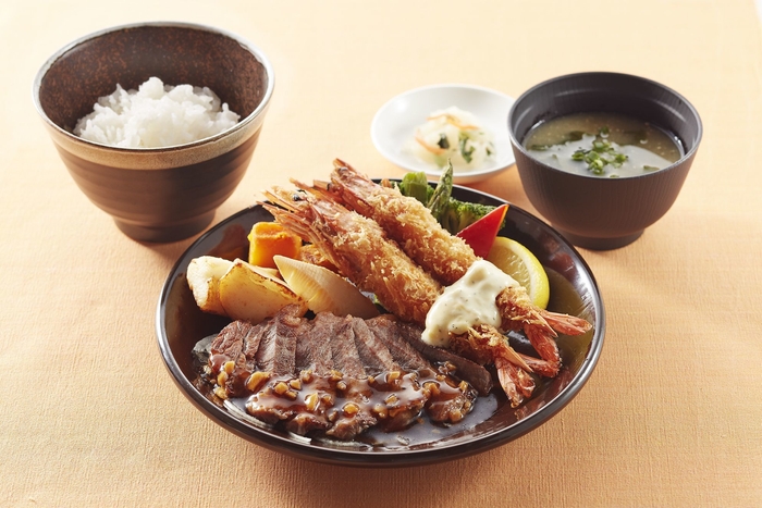 サーロインステーキ&有頭海老フライ膳(ごはん、みそ汁、漬物つき)
