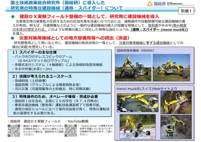 国土技術政策総合研究所(国総研)に導入した研究用の特殊な建設機械(通称:スパイダー)について