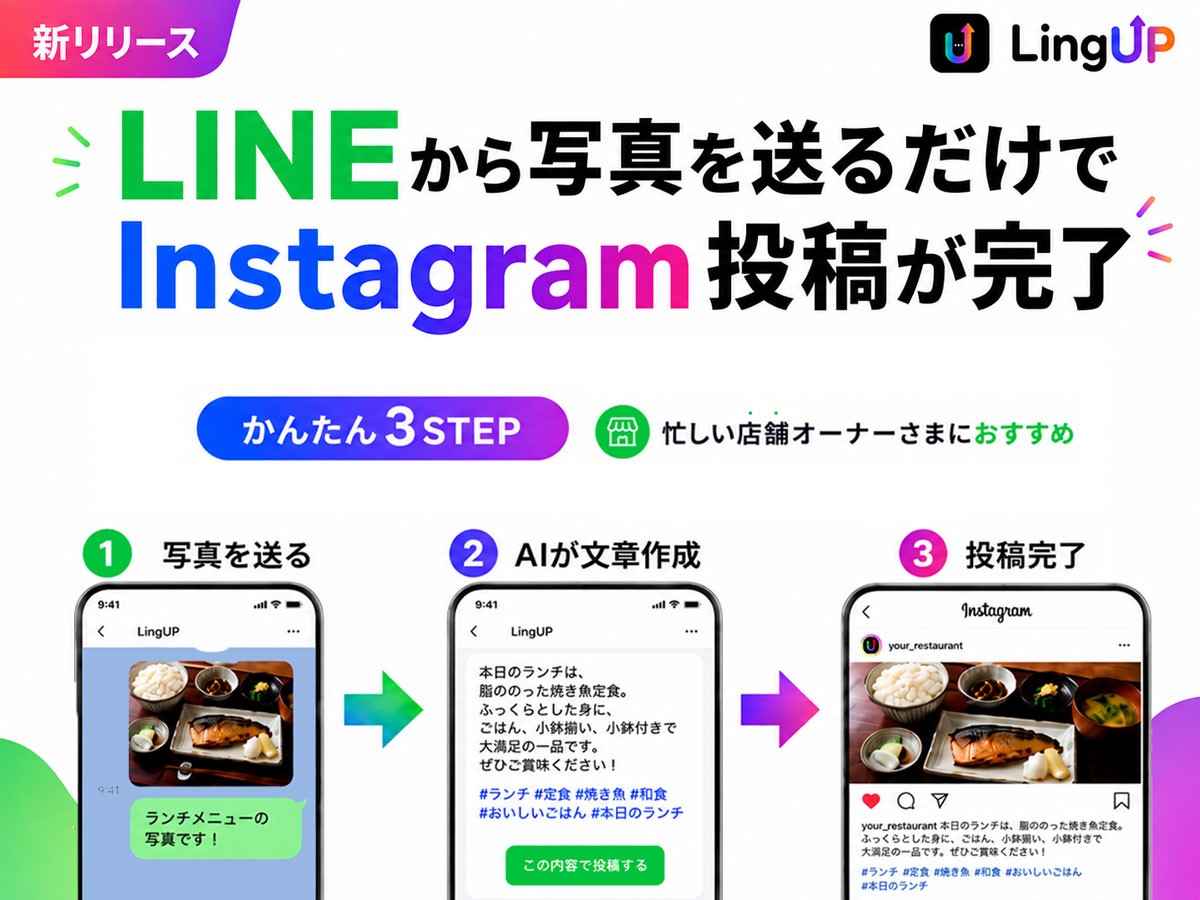 LINEから写真を送るとAIがInstagram投稿文を作成、承認後の自動投稿まで完結する「LingUP」提供開始