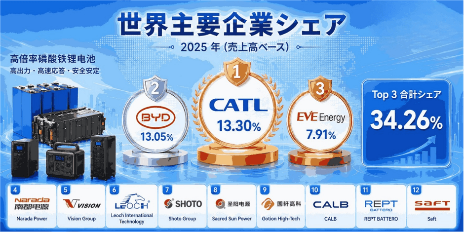 図. 世界の高レートLiFePO4バッテリー市場における上位12社のメーカーランキングおよび市場シェア