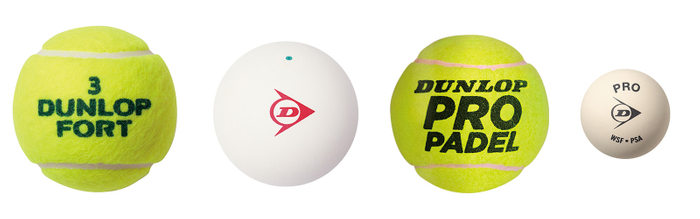 左から硬式テニスボール、ソフトテニスボール、パデルボール、スカッシュボール