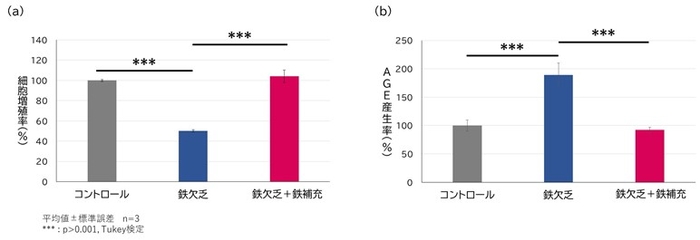 図3.　線維芽細胞における鉄の細胞増殖率及びAGE産生率に対する影響