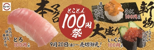 いよいよ食欲の秋が到来!“3つの贅沢ネタ”でお腹も心も満たされる 『とことん100円祭』開催！ 約0.2秒に1皿売れた新物の『うに』や、 マグロの王様“本鮪”の脂のり抜群な『とろ』、 軍艦人気No.1のいくらを今だけ1.5倍に増量した大盛り『いくら』が 期間限定登場！ ＜9月20日（金）より全国のスシローにて開催＞