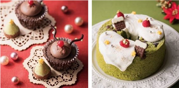 (左)Cadeau de Noel~ババロアのツリー&トナカイのケーキ~ (右)リース仕立て抹茶のエンジェルケーキ