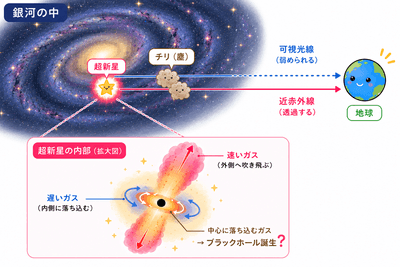 図1：チリの向こう側にある「ゆがんだ形」の超新星爆発のイメージ図。可視光線はチリによって暗くなり、赤外線は影響が少なく透過しやすい。また、「ゆがんだ形」の中心では、ガスが中心に落ち込み、ブラックホールが誕生している可能性がある。本画像は山中が対話型生成AI  ChatGPTを用いて作成。