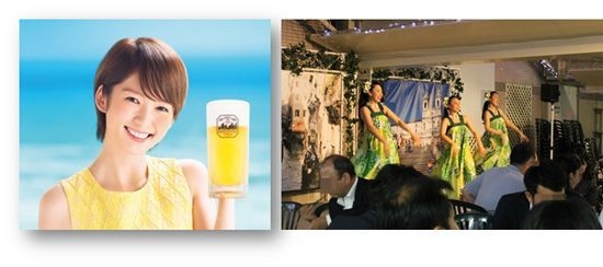 【左】2018アサヒイメージガール「朝香りほ」さん 【右】「わけべのりこフラスタジオ」によるハワイアンダンス