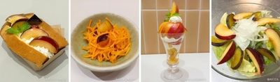 国産米粉のふわもちシフォンサンド～プルーン＆プラム～ 単品750円　セット1,100円 （みのりカフェ 銀座三越）/長野県産プルーン入り人参のラペ ※定食小鉢での提供＆長野県産プラムのパフェ1,690円 （みのる食堂 銀座三越）/季節のフルーツサラダ ～プルーン・プラム添え～ 979円 （和牛焼肉 信州そだち）