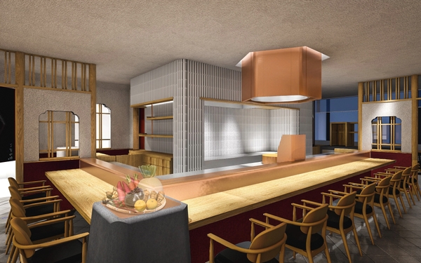 銅色の質感がアクセントになった、ライブ感溢れるカウンター席