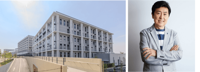 医学部生・看護学部生が学ぶ、おおさかメディカルキャンパス4号館(教育棟)(左)・特別講演にご登壇いただく笠井信輔氏(右)