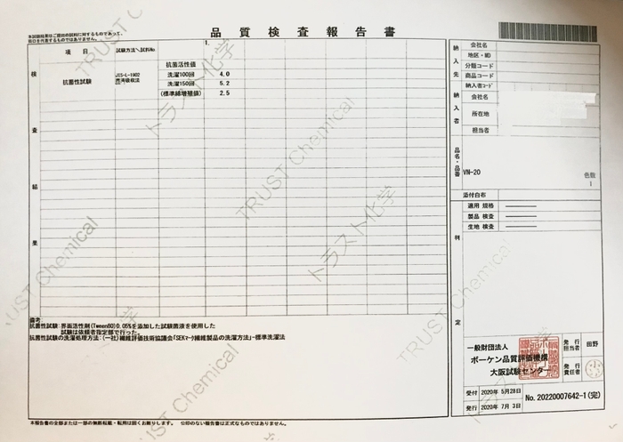 抗菌・抗ウイルス高性能ファブリック150回洗濯耐性試験結果報告書