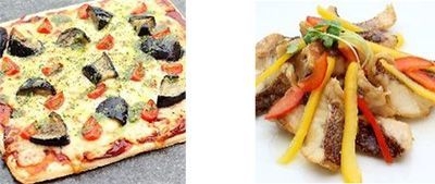 （左）茄子とトマトのピッツァ バジルの香り（5月の土日祝）,（右）白身魚のフリット イタリアンドレッシング（6月）