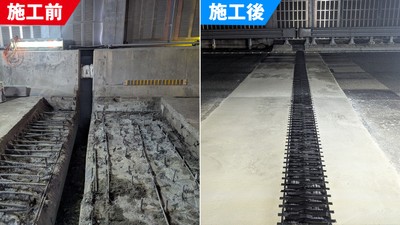 圏央道では耐久性100年のハイブリッドジョイント 3LⅡタイプを施工 (左)既設伸縮装置撤去後。橋桁と橋桁との隙間(遊間)が大きく空く (右)3LⅡタイプ施工完了