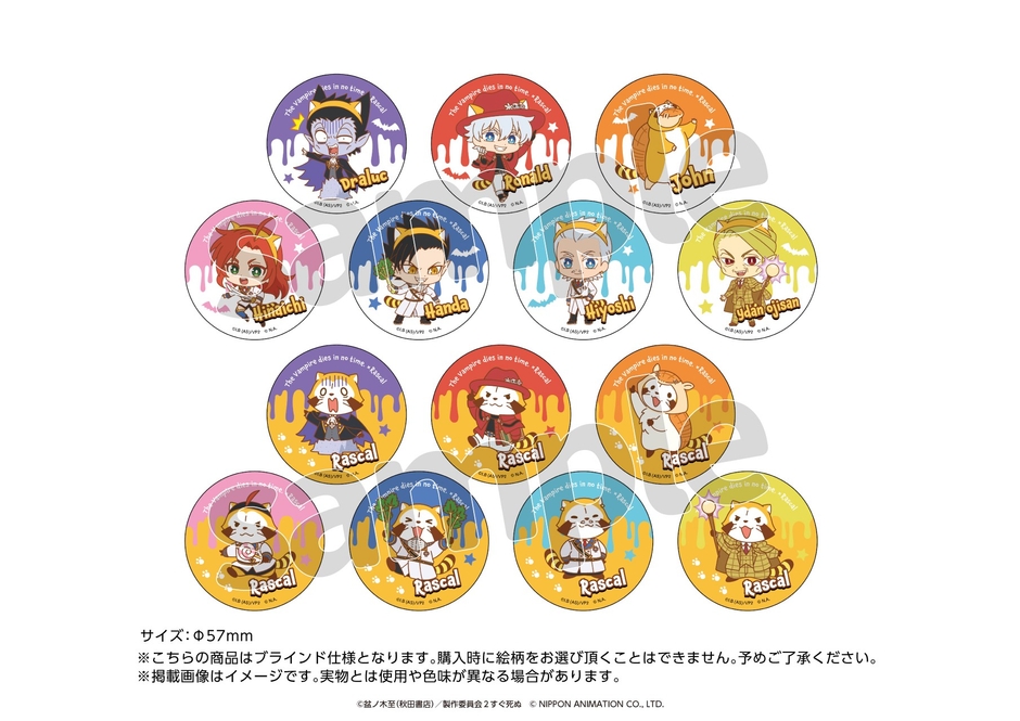 ブラインド缶バッジ ラスカルコラボver. (全14種) サイズ:φ57mm 販売価格:¥500(税込)
