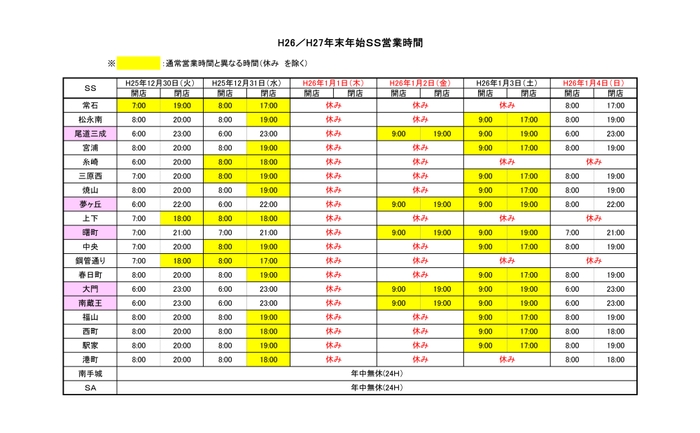 年末・年始の営業時間