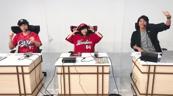 (左から)ザ・ギース 尾関高文さん、水田わさびさん、田中大貴アナ ※2022年6月10日出演時撮影