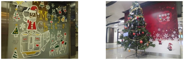 （左）駅長室ガラス面への装飾（昨年作品）　（右）駅構内の装飾