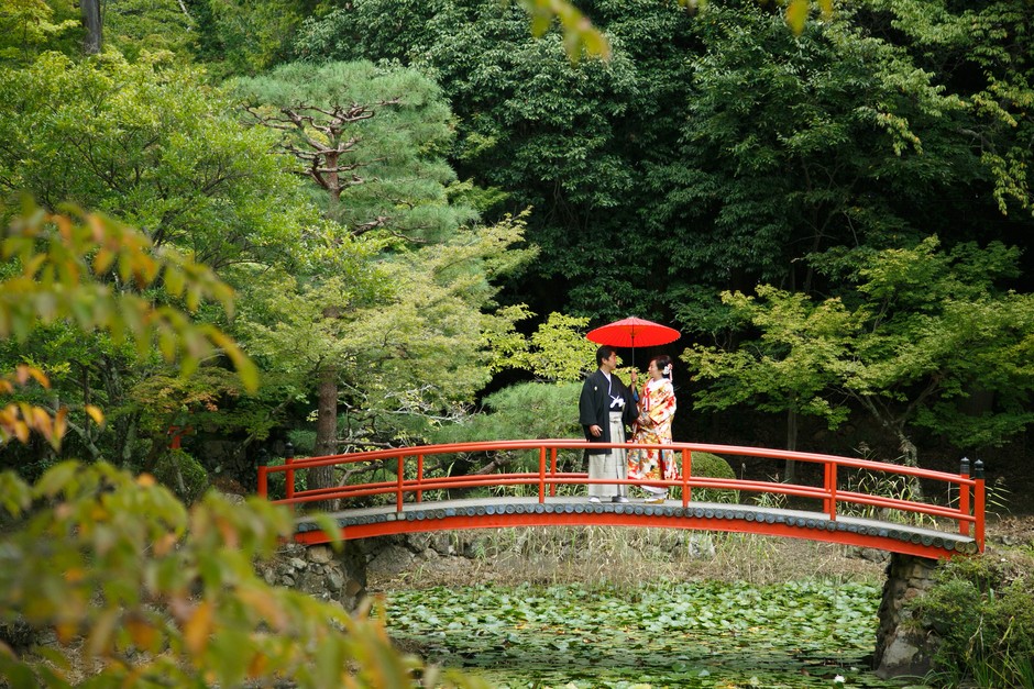 神社境内で写真撮影