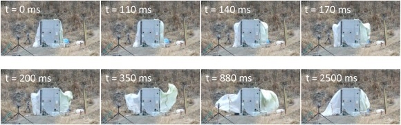 ハイスピードカメラで時間を追ってとらえた水素爆発時のエアバッグ