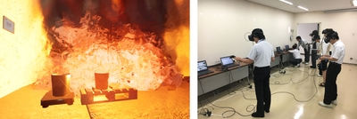危険作業における火災・爆発事故のCG映像（左）、VR教材での学習の様子（右）