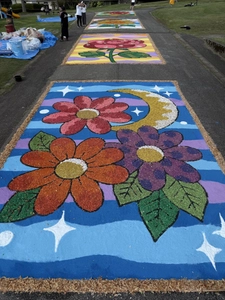 サスティナブルな復興アート。能登半島震災の復旧木材をチップに再生し、巨大な“花の路上絵”が完成！60名の市民が参加。