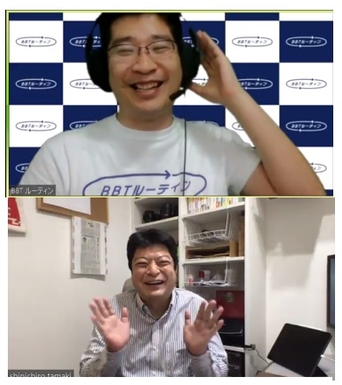 (写真)BBTルーティンライブ講義の様子。 上がメイン講師を務めるBBT執行役員の高松、下がゲストで出演したわかる事務所 代表玉樹真一郎講師