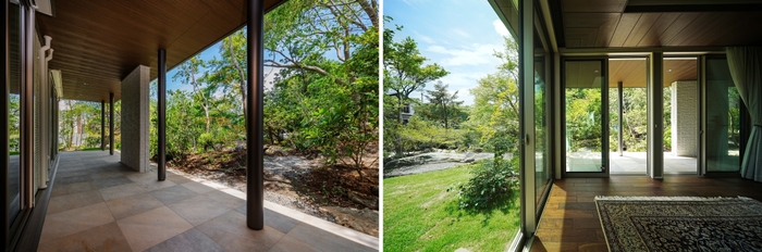バルコニーから庭を臨む(左) 家の中から庭を臨む(右)