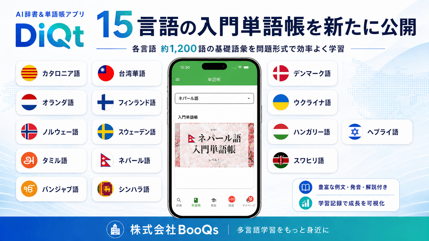 絶対に忘れないAI辞書＆単語帳アプリ「DiQt（ディクト）」が、ネパール語・台湾華語・北欧4言語など15言語の“入門単語帳”をリリース！