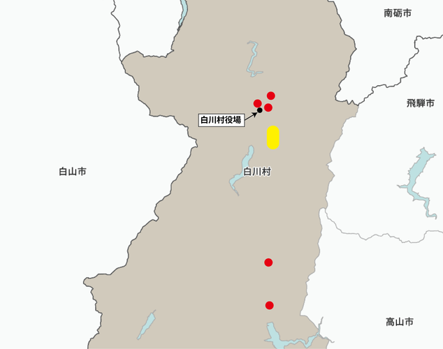 今回、熊ソニックを設置した箇所(赤い丸)と合掌造り集落(黄色い部分)の位置図