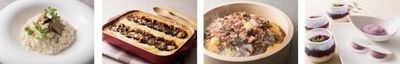 【左から】ポルチーニ茸のリゾット、秋茄子ボロネーゼのラザニア、牛肉と茸のわっぱ飯 【右】ぶどうのジュレとパンナコッタとお好み最中 紫芋あん