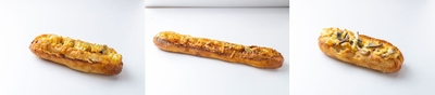 左:三島じゃがフランス 450円 中央:じゃが!じゃが!じゃが!チーズフランス 1,000円 右:じゃがしいたけフランス 550円