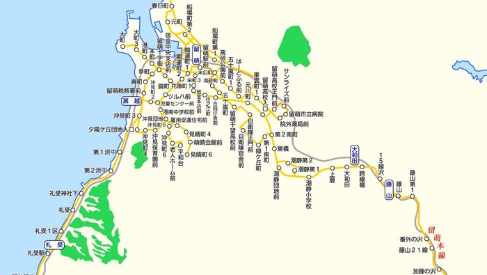 沿岸バスの路線図 ※PC用ソフトウェア「駅すぱあと」の表示イメージ（一部抜粋）