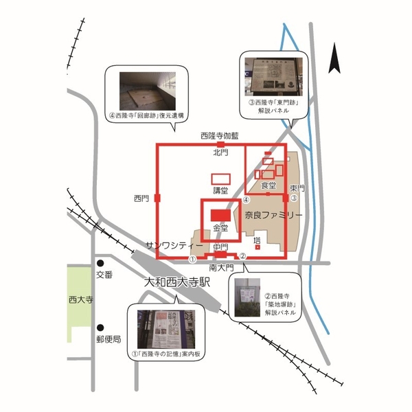 【図１】復元された西隆寺伽藍と遺跡解説パネルの位置
