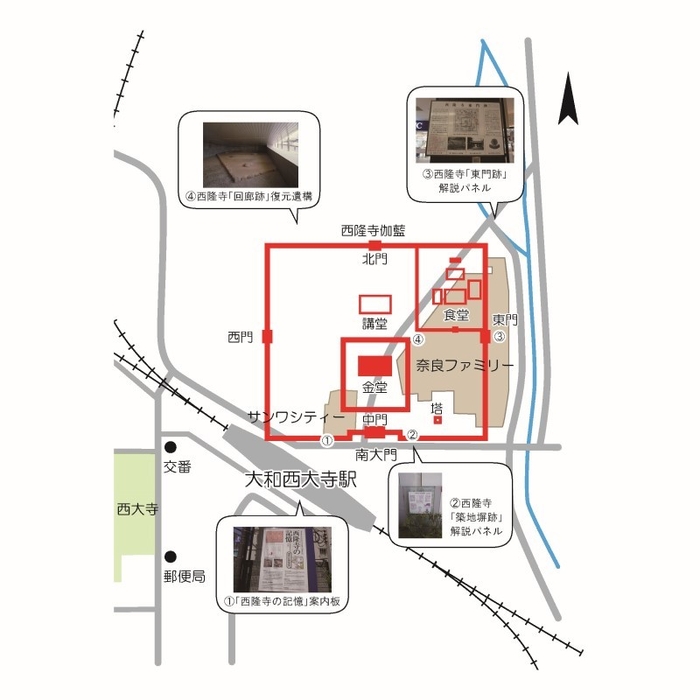 【図１】復元された西隆寺伽藍と遺跡解説パネルの位置