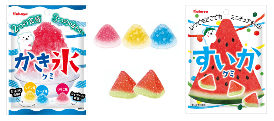 左：『かき氷グミ』　右：『すいかグミ』