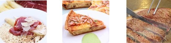 【左】3月ハモンセラーノと ホワイトアスパラのグラチネ 【中央】4月桜海老香る 新玉ねぎのキッシュ 【右】人気の国産牛ステーキ