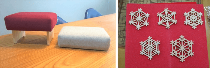 左)折りたたみ椅子 右)体験キット(組子コースター)