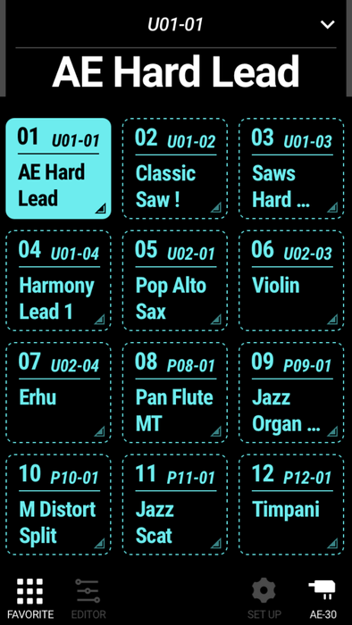 専用アプリ『Aerophone Pro Editor』の画面イメージ。音色選択が可能