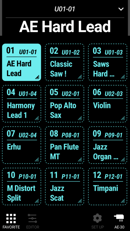 専用アプリ『Aerophone Pro Editor』の画面イメージ。音色選択が可能